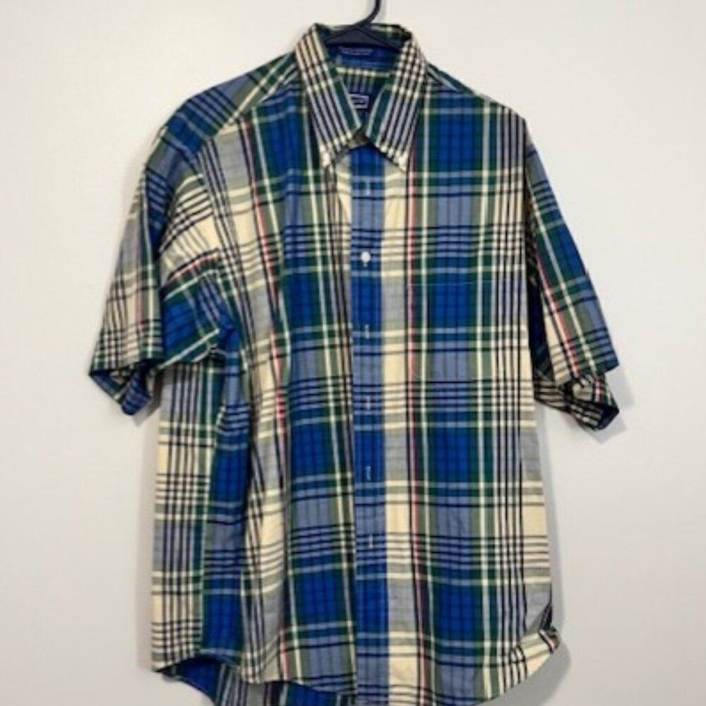 USED Men's Savile Row Shirt Sleeve Button Down Shirt Color Blue/Yellow Size L